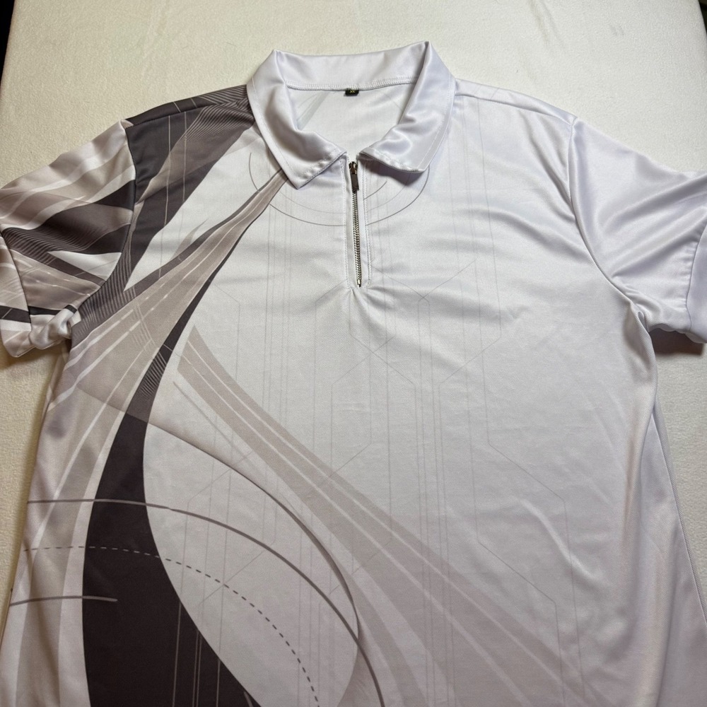Mens Graphic Print Polo Shirt Quarter Zip Short Sleeve Athletic XL White Gray Bk